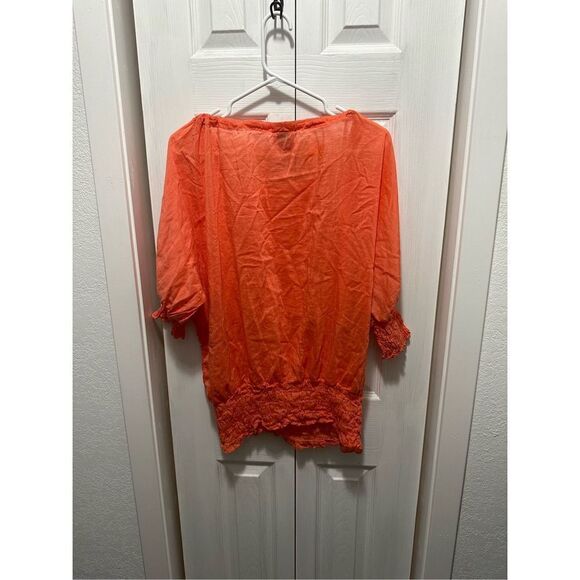 V Christina Womens Silk Tunic Blouse Eyelet Quarter Sleeve Smocked Cuff Orange M - Picture 2 of 7